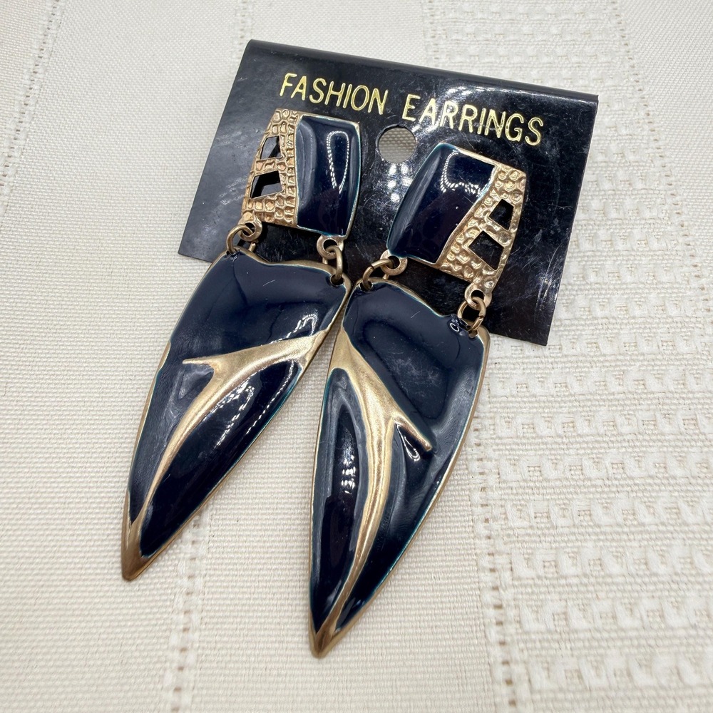 Vintage 80s Lightweight Big Gold Tone Navy Enamel Geometric Pierced Earrings